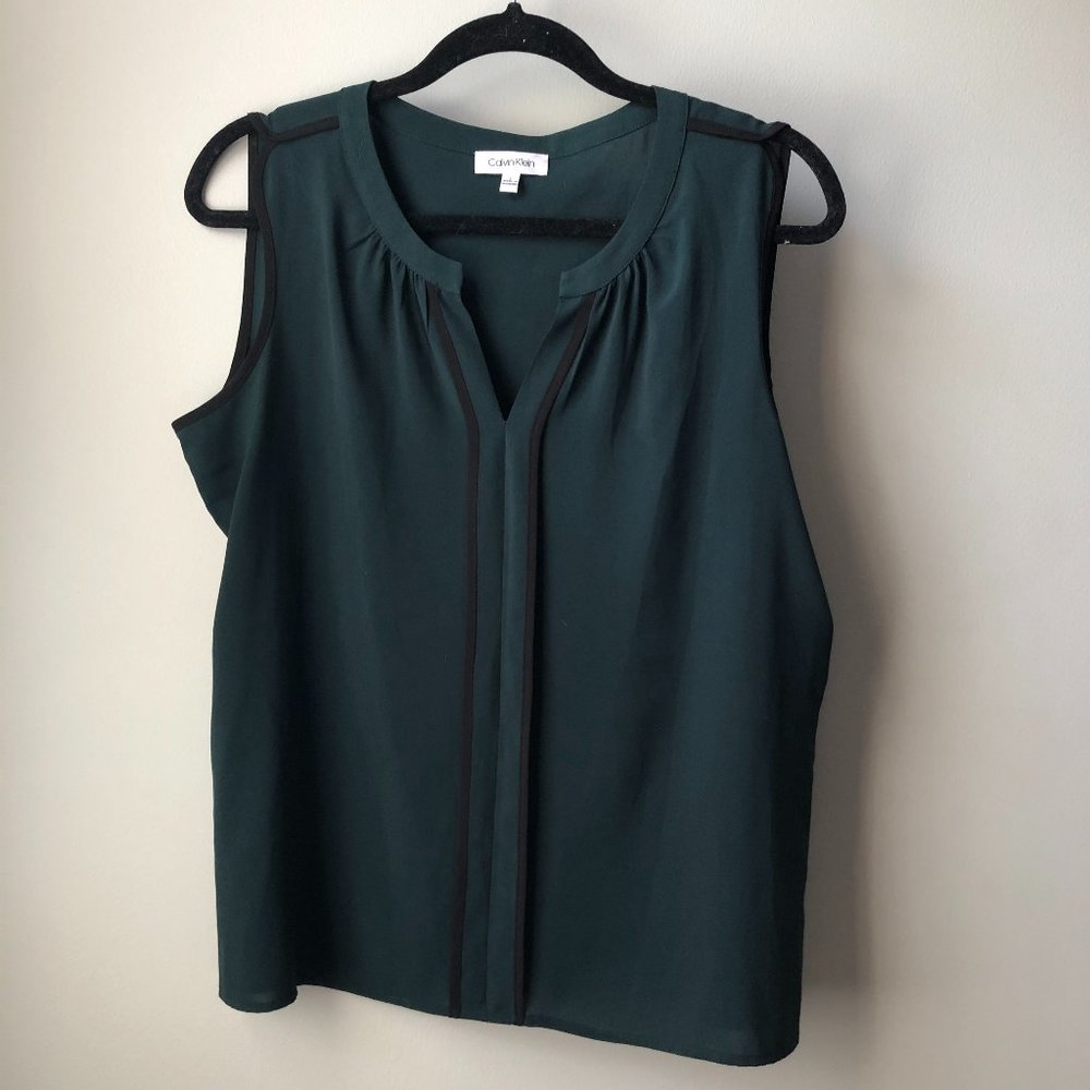 Calvin Klein V-Neck Tank Blouse Dark Green Black Large